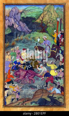 Inde: Zahir ud-din Muhammad Babur (1483-1530) le premier empereur moghol, chasse aux rhinocéros du Swat. Peinture miniature de la Baburnama, fin du 16th siècle. Bāburnāma (littéralement: 'Livre de Babur' ou 'lettres de Babur'; ou connu sous le nom de Tuzk-e Babri) est le nom donné aux mémoires de Ẓahīr ud-Dīn Muḥammad Bābur, fondateur de l'Empire moghol et un arrière-arrière-petit-fils de Timur. C'est une œuvre autobiographique, écrite à l'origine dans la langue Chagatai, connue par Babur sous le nom de 'Turki' (signifiant turc), la langue parlée des Andijan-Timuridés. Banque D'Images