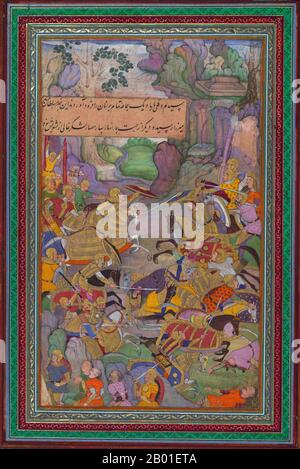 Inde: Babur bat ses ennemis. Peinture miniature de la Baburnama, fin du 16th siècle. Bāburnāma (littéralement: 'Livre de Babur' ou 'lettres de Babur'; ou connu sous le nom de Tuzk-e Babri) est le nom donné aux mémoires de Ẓahīr ud-Dīn Muḥammad Bābur (1483-1530), fondateur de l'Empire moghol et un arrière-arrière-petit-fils de Timur. C'est une œuvre autobiographique, écrite à l'origine dans la langue Chagatai, connue par Babur sous le nom de 'Turki' (signifiant turc), la langue parlée des Andijan-Timuridés. Banque D'Images