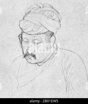 Inde: Un dessin d'Akbar (25 octobre 1542 - 27 octobre 1605), 3rd Empereur Mughal (r. 1556-1605) vers la fin de son règne, c. 1600. Akbar, également connu sous le nom de Shahanshah Akbar-e-Azam ou Akbar le Grand, était le troisième empereur moghol. Il était d'origine timuride, fils de l'empereur Humayun, et petit-fils de l'empereur Babur, le dirigeant qui fonda la dynastie moghole en Inde. À la fin de son règne en 1605, l'empire moghol couvrait la majeure partie du nord et du centre de l'Inde. Akbar avait treize ans lorsqu'il monta le trône de Mughal à Delhi (février 1556), après la mort de son père. Banque D'Images