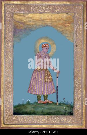 Inde: Akbar (25 octobre 1542 – 27 octobre 1605), l'empereur moghol de 3rd, vers la fin de son règne. Portrait posthume commandé par le petit-fils d'Akbar, Shah Jahan (r. 1628-1658), 1645. Akbar (r. 1556-1605), également connu sous le nom de Shahanshah Akbar-e-Azam ou Akbar le Grand, était le troisième empereur moghol. Il était d'origine timuride, fils de l'empereur Humayun, et petit-fils de l'empereur Babur, le dirigeant qui fonda la dynastie moghole en Inde. À la fin de son règne en 1605, l'empire moghol couvrait la majeure partie du nord et du centre de l'Inde. Akbar avait treize ans lorsqu'il devint empereur. Banque D'Images