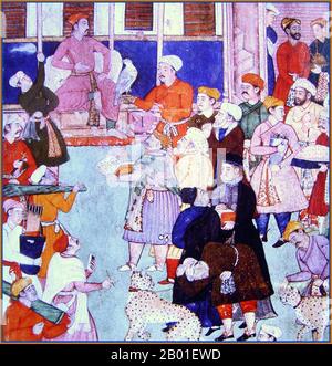 Inde: Les Européens se mêlent aux Asiatiques à la cour de l'empereur Mogul Akbar (25 octobre 1542 - 27 octobre 1605). Peinture miniature, 17th siècle. Akbar (r. 1556-1605), également connu sous le nom de Shahanshah Akbar-e-Azam ou Akbar le Grand, était le troisième empereur moghol. Il était d'origine timuride, fils de l'empereur Humayun, et petit-fils de l'empereur Babur, le dirigeant qui fonda la dynastie moghole en Inde. À la fin de son règne en 1605, l'empire moghol couvrait la majeure partie du nord et du centre de l'Inde. Akbar avait treize ans lorsqu'il monta le trône de Mughal à Delhi (février 1556). Banque D'Images