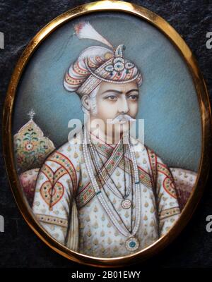 Inde : l'empereur moghol Akbar de 3rd (25 octobre 1542 - 27 octobre 1605). Portrait posthume, c. 1850. Akbar (r. 1556-1605), également connu sous le nom de Shahanshah Akbar-e-Azam ou Akbar le Grand, était le troisième empereur moghol. Il était d'origine timuride, fils de l'empereur Humayun, et petit-fils de l'empereur Babur, le dirigeant qui fonda la dynastie moghole en Inde. À la fin de son règne en 1605, l'empire moghol couvrait la majeure partie du nord et du centre de l'Inde. Akbar avait treize ans lorsqu'il monta le trône de Mughal à Delhi (février 1556), après la mort de son père Humayun. Banque D'Images