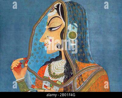 Inde: Bani Thani, 'Dame de la mode', une célèbre peinture Rajasthani de l'école de Kishangarh appelée parfois 'Inde's Mona Lisa'. Peinture miniature par Nihâl Chand (1710-1782), c. 1750s. Kishangarh Painting est apparu comme un style distinctif au milieu du 18th siècle sous le patronage de Maharaja Sawant Singh. Nihal Chand, artiste doué de la cour du Maharaja, a produit des œuvres hautement individualistes et sophistiquées. Les principales caractéristiques des peintures de Kishangarh étaient l'allongement des visages humains, l'utilisation somptueuse du vert et la représentation de paysages panoramiques. Banque D'Images