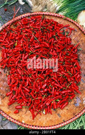 Vietnam : piments dans un marché de Sapa, dans le nord-ouest du Vietnam. Les rues de la capitale, Hanoï, et en particulier la plus grande ville, Ho Chi Minh ville agitation avec enthousiasme et énergie d'affaires. L'abandon de l'économie socialiste et son remplacement progressif par un capitalisme limité orienté vers le marché ont été accueillis par la population. Partout dans le monde, les gens se mettent à la pêche pour gagner de l'argent et les rues sont remplies de petites entreprises privées qui vendent toutes sortes d'articles. Banque D'Images