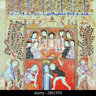 Irak : favori empoisonné au pavillon du roi, Kitab al-Diryaq de Pseudo Galen, Mossoul, c. 1200. Aelius Galenus ou Claudius Galenus (129 - 199 septembre 217), mieux connu sous le nom de Galen de Pergamon (Bergama moderne, Turquie), était un éminent médecin, chirurgien et philosophe romain (d'origine grecque). Sans doute le plus accompli de tous les chercheurs en médecine de l'antiquité, Galen a grandement contribué à la compréhension de nombreuses disciplines scientifiques, y compris l'anatomie, la physiologie, la pathologie, la pharmacologie et la neurologie, ainsi que la philosophie et la logique. Banque D'Images