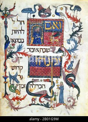 Espagne : page illuminée de la Haggadah de Barcelone, Catalogne, 14th siècle. Abondamment illustré par les gens, les fleurs, les oiseaux et les créatures imaginaires, ce livre de prière pour le Festival juif de la Pâque est l'un des textes juifs les plus richement picturales. Destinée à accompagner le service de la veille de la Pâque et le repas de fête, elle était aussi un symbole de statut pour son propriétaire en Espagne du 14th siècle. Contrairement à d'autres manuscrits espagnols de Haggadah, le Haggadah de Barcelone manque du cycle caractéristique de la pleine page des récits bibliques qui habituellement précède le texte principal. Banque D'Images