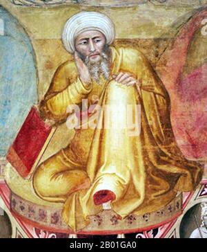 Italie / Espagne / Al-Andalus : Averroës (Ibn Rushd). Détail de 'Triunfo de Santo Tomás de Aquino' par Andrea Bonaiuto da Firenze (fl. 1343-1377), Santa Maria Novella, v. 1368. Abū l-Walīd Muḥammad bin ʾAḥmad bin Rušd, mieux connu sous le nom d'Ibn Rushd, et dans la littérature européenne sous le nom d'Averroès (1126 - 10 décembre 1198), était un polymathe musulman ; un maître de philosophie aristotélicienne, philosophie islamique, théologie islamique, droit et jurisprudence Maliki, logique, psychologie, politique, théorie de la musique arabe, et les sciences de la médecine, de l'astronomie, de la géographie, des mathématiques, de la physique et de la mécanique céleste. Banque D'Images