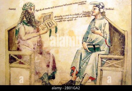 Espagne/Al-Andalus: Débat imaginaire entre Ibn Rushd (Averroes) et Porphyre de Tyr. Monfredo de Monte Imperiali Liber de herbis, 14th siècle. Abū l-Walīd Muḥammad bin ʾAḥmad bin Rušd, mieux connu sous le nom d'Ibn Rushd, et dans la littérature européenne sous le nom d'Averroes (1126 – 10 décembre 1198), était un polymath musulman; un maître de la philosophie aristotélicienne, de la philosophie islamique, de la théologie islamique, de la loi et de la jurisprudence Maliki, de la logique, de la psychologie, de la politique, de la théorie de la musique arabe, et les sciences de la médecine, de l'astronomie, de la géographie, des mathématiques, de la physique et de la mécanique céleste. Banque D'Images