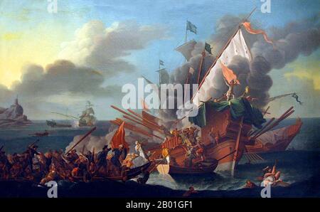 Grèce/Turquie: La bataille de Lepanto, 7 octobre 1571. Peinture huile sur toile par Peter Brünniche (4 août 1739 - 15 septembre 1814), 1762. La bataille de Lepanto a eu lieu le 7 octobre 1571, lorsqu'une flotte de la Sainte Ligue, une coalition d'États maritimes catholiques, a battu de manière décisive la principale flotte de l'Empire ottoman en cinq heures de combat sur la limite nord du golfe de Patras, au large de la Grèce occidentale. Les forces ottomanes qui naviguent vers l'ouest depuis leur station navale de Lepanto ont rencontré les forces de la Sainte Ligue, qui venaient de Messine. Banque D'Images