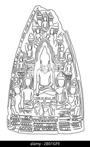 Thaïlande: Dessin de ligne de Buddha amulet ou 'Phra PIM', Wiang Tha Kan, province de Chiang Mai, période LAN Na, 12th-14th siècles ce. Wiang Tha Khan, situé à 16 km au sud de Chiang Mai dans le district rural de Sanpatong, est un petit et prospère village du nord de la Thaïlande, situé au milieu des plantations de Lamyai et habité par Tai Yong réaménagé de l'État voisin de Shan en Birmanie au début du 19th siècle. Il y a encore 10th ans ce fut une ville fortifiée, ou « wiang », servant de bastion à la périphérie du Royaume mon de Haripunchai, le Lamphun d’aujourd’hui. Banque D'Images