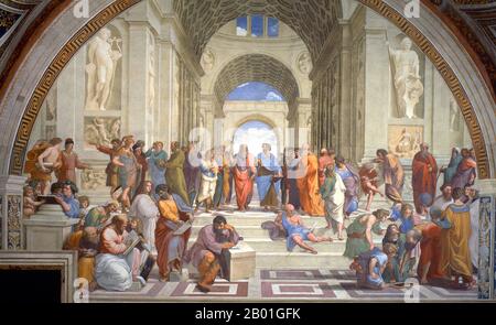 Italie: 'L'École d'Athènes'. Fresque de Raphaël (1483-1520), 1509. Le philosophe mauresque Averroes ou Ahmad Ibn Rushd (1126 - 10 décembre 1198) de Cordoue, al-Andalus, se dresse au premier plan gauche revêtu de vert, faisant un point sur l'épaule de Pythagore. Abū l-Walīd Muḥammad bin ʾAḥmad bin Rušd, mieux connu sous le nom d'Ibn Rushd et dans la littérature européenne sous le nom d'Averroes, était un polymath musulman; un maître de la philosophie aristotélicienne, de la philosophie islamique, de la théologie islamique, de la loi et de la jurisprudence Maliki, de la logique, de la psychologie, de la politique, de la théorie de la musique arabe, et les sciences de la médecine, de l'astronomie et plus encore. Banque D'Images