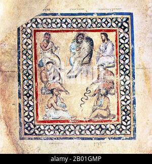 Grèce/Byzance/Turquie: Le groupe de médecins Galen, avec Galen top centre, du Codex Vienne Dioscorides, 512 ce. Continuer dans le sens des aiguilles d'une montre: Pedanius Dioscorides, Nicander (avec serpent), Ruphos (Rufus) d'Ephèse, Andreas (médecin personnel de Ptolémée IV Philopator), Apollonius (identification floue: Soit Apollonius de Pergamon, Apollonius de Kiton ou Apollonius Mys) et Krateuas. Les Dioscurides de Vienne ou Dioscorides de Vienne est un manuscrit illuminé du début du siècle 6th de Materia Medica par Dioscorides en grec. C'est un exemple important et rare d'un texte scientifique ancien tardif. Banque D'Images