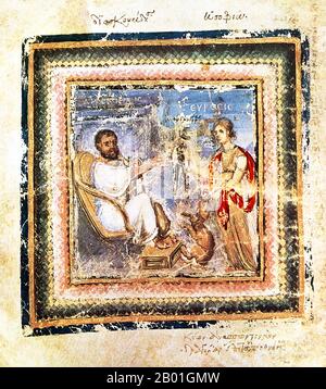 Grèce/Byzance/Turquie: Heuresis (à droite) présente Dioscorides (à gauche) avec une racine de mandrake, du Codex Vienne Dioscorides, 512 ce. La photo du premier auteur de la Vienne Dioscorides (fol. 4 verso): Heuresis (la personnification de la découverte) présente au médecin Dioscorides une racine de mandrake. Puisqu'ils devraient émettre un cri mortel lors de la récolte, ils ont été tirés hors du sol par un chien. Heurensis a donc l'animal mort couché à ses pieds. Le Dioscurides/Dioscorides de Vienne est un manuscrit illuminé datant du début du 6th siècle de de Materia Medica de Pedanius Dioscorides. Banque D'Images