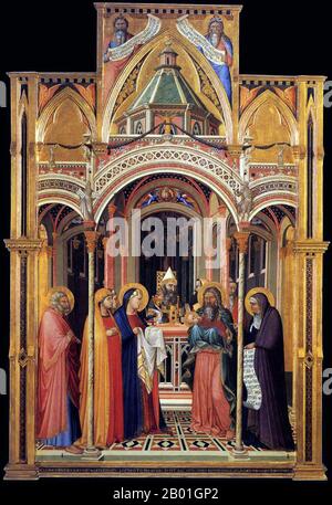 Italie: 'Présentation au Temple'. Tempera sur la toile d'Ambrogio Lorenzetti (1290-1348), Galerie des Offices, Florence, 1342. La présentation de Jésus au Temple, qui tombe le 2 février, célèbre un premier épisode de la vie de Jésus. Dans l'Église orthodoxe orientale et dans certaines Églises catholiques orientales, c'est l'une des douze grandes fêtes, et on l'appelle parfois Hypapante (lit, « rencontre » en grec). Parmi les autres noms traditionnels figurent Candlemas, la Fête de la purification de la Vierge, et la Réunion du Seigneur. Banque D'Images