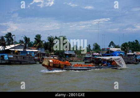 Vietnam : bateau transportant des ramboutans dans le delta du Mékong. Le sud du Vietnam est dominé par les riches terres agricoles du delta du Mékong, principale source de production de riz, de fruits et légumes du pays. La terre est alluviale et de faible altitude, avec des marais et des forêts de mangroves à l'ouest et au sud. Pendant la saison des pluies, l'eau couvre un tiers du delta, avec des inondations allant jusqu'à 13 pieds (4 m). Par endroits, l'eau salée empiète sur le delta jusqu'à 30 m (48 km). Bien que extraordinairement fertiles, certaines parties du delta doivent encore être cultivées. Banque D'Images