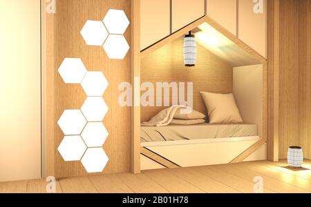 Étagère à lit hexagonal, style japonais de chambre avec plantes et décoration de lampe sur parquet Banque D'Images
