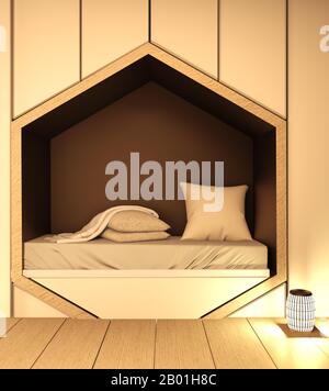 Étagère à lit hexagonal, style japonais de chambre avec plantes et décoration de lampe sur parquet Banque D'Images