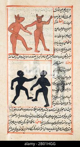 Iran/Perse : Illustration de Zakarīyā ibn Muḥammad al-Qazwīnī, 'Ajā'ib al-makhlūqāt wa-gharā'ib al-mawjūdāt (merveilles des choses créées et aspects miraculeux des choses existantes) c. 1250 EC. Abu Yahya Zakariya ibn Muhammad al-Qazwini (1203-1283), était un médecin, astronome, géographe et écrivain de proto-science-fiction persan. Né dans la ville persane de Qazvin, il a été expert juridique et juge (qadhi) dans plusieurs localités de Perse et à Bagdad. Il voyagea en Mésopotamie et en Syrie, et entra finalement dans le cercle patronné par le gouverneur de Bagdad. Banque D'Images