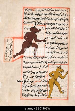 Iran/Perse : Illustration de Zakarīyā ibn Muḥammad al-Qazwīnī, 'Ajā'ib al-makhlūqāt wa-gharā'ib al-mawjūdāt (merveilles des choses créées et aspects miraculeux des choses existantes) c. 1250 EC. Abu Yahya Zakariya ibn Muhammad al-Qazwini (1203-1283), était un médecin, astronome, géographe et écrivain de proto-science-fiction persan. Né dans la ville persane de Qazvin, il a été expert juridique et juge (qadhi) dans plusieurs localités de Perse et à Bagdad. Il voyagea en Mésopotamie et en Syrie, et entra finalement dans le cercle patronné par le gouverneur de Bagdad. Banque D'Images