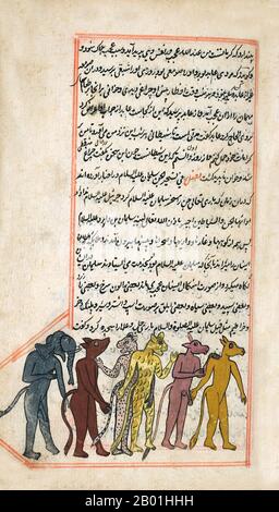 Iran/Perse : Illustration de Zakarīyā ibn Muḥammad al-Qazwīnī, 'Ajā'ib al-makhlūqāt wa-gharā'ib al-mawjūdāt (merveilles des choses créées et aspects miraculeux des choses existantes) c. 1250 EC. Abu Yahya Zakariya ibn Muhammad al-Qazwini (1203-1283), était un médecin, astronome, géographe et écrivain de proto-science-fiction persan. Né dans la ville persane de Qazvin, il a été expert juridique et juge (qadhi) dans plusieurs localités de Perse et à Bagdad. Il voyagea en Mésopotamie et en Syrie, et entra finalement dans le cercle patronné par le gouverneur de Bagdad. Banque D'Images