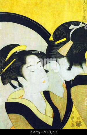 Japon : 'Naniwa Okita s'admirant dans un miroir'. Gravure sur bois Ukiyo-e de la série 'sept femmes appliquant le maquillage à l'aide d'un miroir' par Kitagawa Utamaro (c. 1753 - 31 octobre 1806), c. 1792-1793. Kitagawa Utamaro était un graveur et peintre japonais, considéré comme l'un des plus grands artistes de gravures sur bois (ukiyo-e). Il est surtout connu pour ses études magistralement composées de femmes, connues sous le nom de bijinga. Il a également produit des études sur la nature, en particulier des livres illustrés d'insectes. Banque D'Images