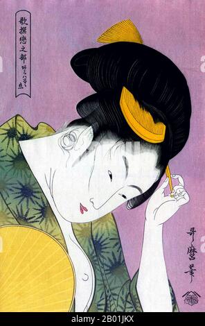 Japon : une beauté arrangeant ses cheveux. Estampe sur bois Ukiyo-e de Kitagawa Utamaro (1753 - 31 octobre 1806), c. 1780s. Kitagawa Utamaro était un graveur et peintre japonais, considéré comme l'un des plus grands artistes de gravures sur bois (ukiyo-e). Il est surtout connu pour ses études magistralement composées sur les femmes, connues sous le nom de bijinga (« études des belles femmes »). Il a également produit des études sur la nature, en particulier des livres illustrés d'insectes. Banque D'Images