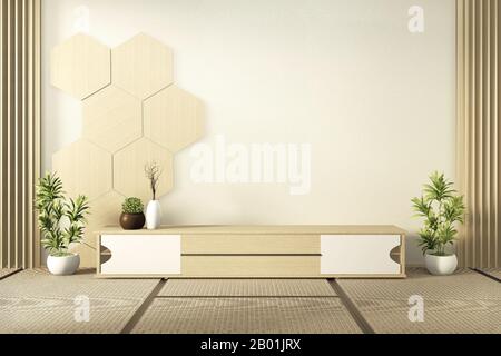 Téléviseur en bois avec carrelage hexagonal en bois sur le mur et tapis tatatamis style japonais.rendu en relief Banque D'Images