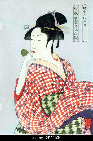 Japon: "Jeune femme soufflant un tuyau de verre". Estampe sur bois Ukiyo-e de Kitagawa Utamaro (c. 1753 - 31 octobre 1806), c. 1792-1793. Kitagawa Utamaro était un graveur et peintre japonais, considéré comme l'un des plus grands artistes de gravures sur bois (ukiyo-e). Il est surtout connu pour ses études magistralement composées de femmes, connues sous le nom de bijinga. Il a également produit des études sur la nature, en particulier des livres illustrés d'insectes. Banque D'Images