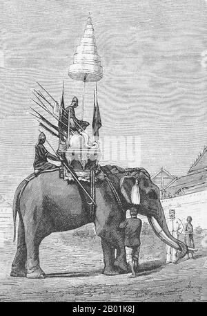 Thaïlande : un éléphant de guerre siamois équipé pour la bataille. Gravure, 19e siècle. Un éléphant de guerre était un éléphant entraîné et guidé par des humains pour le combat. Leur principale utilisation était de charger l'ennemi, de les piétiner et de briser leurs rangs. Une division des éléphants de guerre est connue sous le nom d'éléphantry. Ils ont probablement été employés pour la première fois en Inde, la pratique s'étendant à travers l'Asie du Sud-est et vers l'ouest dans la Méditerranée. Leur utilisation la plus célèbre en Occident était par le général grec Pyrrhus d'Épire et en grand nombre par les armées de Carthage, en particulier sous Hannibal. Les éléphants de guerre l'étaient Banque D'Images