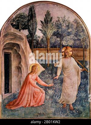 Italie : 'Noli Me Tangere (Touch Me Not)'. Fresque de FRA Angelico (c. 1395 - 18 février 1455), c. 1439-1443. L'apparition du Christ à Marie-Madeleine. Marie-Madeleine était l'un des disciples les plus célèbres de Jésus, et la plus importante disciple femme dans le mouvement de Jésus. Jésus l'a nettoyée de «sept démons», [Luc 8:2] [Marc 16:9] classiquement interprété comme se référant à des maladies complexes. Elle est devenue la plus importante au cours de ses derniers jours, étant présente à la croix après que les disciples masculins (à l'exception de Jean le bien-aimé) se soient enfuis, et à son enterrement. Banque D'Images