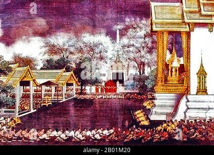 Thaïlande : Taksin le Grand (17 avril 1734 - 7 avril 1782) intronisé roi du Siam, Thonburi, 28 décembre 1768. Murale, 18e siècle. Taksin (Somdet Phra Chao Taksin Maharat) était le seul roi du Royaume de Thonburi. Il est grandement vénéré par le peuple thaïlandais pour son leadership dans la libération du Siam de l'occupation birmane après la deuxième chute d'Ayutthaya en 1767, et l'unification ultérieure du Siam après sa chute sous divers seigneurs de guerre. Il établit la ville de Thonburi comme la nouvelle capitale, car la ville Ayutthaya avait été presque complètement détruite par les envahisseurs. Banque D'Images