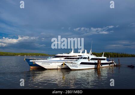 Thaïlande : bateau d'excursion au bord de l'eau de la ville de Krabi, province de Krabi, sud de la Thaïlande. Autrefois simple port de pêche, Krabi devient un centre d’écotourisme, ainsi que le principal point d’embarquement des ferries pour des îles telles que Ko Lanta au sud, Ko Phi Phi au sud-ouest et les plages autour d’Ao Nang à l’ouest. Située sur les rives de l'estuaire de Krabi, la ville tire son nom d'une épée ou krabi prétendument découverte à proximité. Les environs de Krabi se distinguent par d’imposants affleurements calcaires, une sorte de baie de Phang Nag sur terre, et ceux-ci sont devenus le symbole de la province de Krabi. Banque D'Images