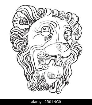 Esquisse d'un détail architectural sous la forme d'une tête de lion, vue de profil. Illustration du dessin vectoriel à la main en couleur noire isolée sur le backgro blanc Illustration de Vecteur