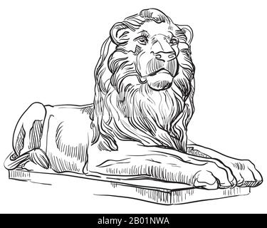 Esquisse de la vue en profil de la statue du lion grec classique. Illustration du dessin vectoriel en couleur noire isolée sur fond blanc. Élément graphique pour Illustration de Vecteur