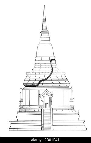 Thaïlande : dessin architectural de la forme originale présumée du Chedi Luang de Chiang Mai avant le tremblement de terre de 1545, montrant la fissure causée par le tremblement de terre où le chedi original s'est cassé et cisaillé. Vue du côté est, vue de l'entrée principale. Wat Chedi Luang se traduit littéralement du thaï par « Monastère du Grand Stupa ». La construction du temple a commencé à la fin du 14e siècle, lorsque le Royaume de LAN Na était dans son apogée. Le roi Saen Muang Ma (1385-1401) l'a conçu comme le site d'un grand reliquaire pour enchâsser les cendres de son père, le roi Ku Na (1355-1385). Banque D'Images