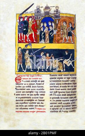 Espagne : Jérusalem. Extrait d'une version du 12e siècle de 'le Commentaire sur l'Apocalypse' par Beatus de Liébana. Commentaria in Apocalypse (Commentaria in Apocalypsin) est à l'origine une œuvre du huitième siècle du moine et théologien espagnol Beatus de Liébana. Aujourd'hui, il se réfère à n'importe laquelle des copies manuscrites existantes de ce travail, en particulier n'importe laquelle des 26 copies enluminées qui ont survécu. Il est souvent appelé simplement le Beatus. L'importance historique du Commentaire est rendue encore plus prononcée puisqu'il comprend une carte du monde. Banque D'Images