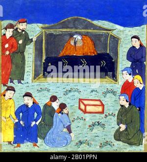 Iran/Mongolie : les funérailles de Hulagu Khan, représentées dans l'Histoire du monde de Rashid al-DIN, vers 1430. Hulagu Khan (c. 1217 - 8 février 1265), également connu sous le nom de Hülegü, Hulegu ou Halaku, était un souverain mongol qui a conquis une grande partie de l'Asie du Sud-Ouest. Fils de Tolui et de la princesse Kerait Sorghaghtani Beki, il était un petit-fils de Gengis Khan, et le frère d'Arik Boke, Möngke Khan et Kublai Khan. L'armée de Hulagu étend considérablement la partie sud-ouest de l'Empire mongol, fondant l'Ilkhanat de Perse, précurseur de la dynastie safavide, puis l'État moderne de l'Iran. Banque D'Images