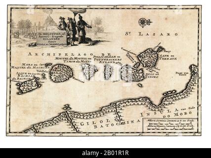 Indonésie/pays-Bas : première carte des îles Maluku. Gravure sur cuivre de Pieter Van der AA (1659-1733), c. 1707. Les îles Maluku (également connues sous le nom de Moluques, îles Moluques et îles aux épices) sont un archipel qui fait partie de l'Indonésie, et une partie de la région maritime de l'Asie du Sud-est. Sur le plan tectonique, ils sont situés sur la plaque Halmahera dans la zone de collision maritime des Moluques. Géographiquement, ils sont situés à l'est de Sulawesi (Célèbes), à l'ouest de la Nouvelle-Guinée et au nord et à l'est du Timor. La plupart des îles sont montagneuses, certaines avec des volcans actifs, et bénéficient d'un climat humide Banque D'Images