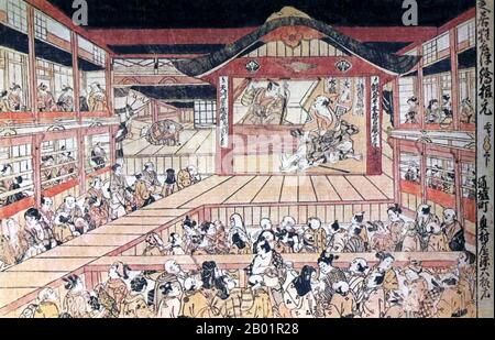 Japon : scène de la pièce 'Kanadehon Chûshingura' au théâtre Nakamura. Estampe sur bois Ukiyo-e par Okumura Masanobu (1686 - 13 mars 1764), 1749. Le kabuki est une danse-drame classique japonaise. Le théâtre kabuki est connu pour la stylisation de son drame et pour le maquillage élaboré porté par certains de ses interprètes. Les caractères kanji individuels, de gauche à droite, signifient chant (歌), danse (舞) et habileté (伎). Le kabuki est donc parfois traduit comme l'art de chanter et de danser. Ce sont cependant des caractères ateji qui ne reflètent pas l'étymologie réelle. Banque D'Images