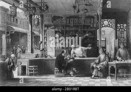 Chine/Royaume-Uni : 'a Chinese Hat Shop'. Gravure de Thomas Allom (13 mars 1804 - 21 octobre 1872), 1843. Thomas Allom était un architecte, artiste et illustrateur topographique anglais. Il est l'un des membres fondateurs de ce qui deviendra le Royal Institute of British Architects (RIBA). Il a conçu de nombreux bâtiments à Londres, dont l'église Saint-Pierre et des parties de l'élégant Ladbroke Estate à Notting Hill. Il a également travaillé avec Sir Charles Barry sur de nombreux projets, notamment les chambres du Parlement, et est également connu pour ses nombreux travaux topographiques. Banque D'Images