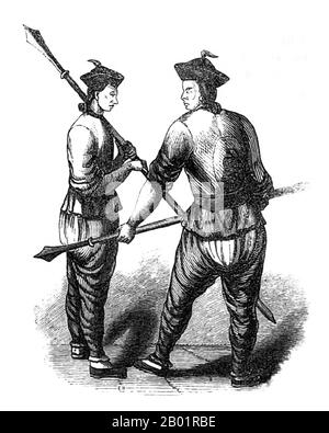 Chine/Royaume-Uni : 'Tartar Spearman'. Gravure sur bois par E. T. Wigan, 1844. La première guerre anglo-chinoise (1839-1842), connue sous le nom de première guerre de l'opium ou simplement guerre de l'opium, a été combattue entre le Royaume-Uni et la dynastie Qing de Chine pour leurs points de vue contradictoires sur les relations diplomatiques, le commerce et l'administration de la justice. Les autorités chinoises souhaitaient arrêter ce qui était perçu comme une sortie d'argent et contrôler la propagation de l'opium, et confisquaient les approvisionnements d'opium aux commerçants britanniques. Banque D'Images