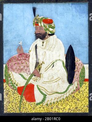 Inde : Maharaja Gulab Singh de Jammu-et-Cachemire Panjab. Portrait à l'aquarelle par un artiste sikh, c. 1846. Maharaja Gulab Singh Jamwal (21 octobre 1792 - 30 juin 1857) a été le premier Maharaja de l'État princier de Jammu-et-Cachemire et fondateur de la dynastie Dogra. Jammu-et-Cachemire était le plus grand État sous le Raj britannique, formé après la première guerre anglo-sikh et l'effondrement de l'Empire sikh. La guerre sino-sikh, ou guerre sino-dogra, a eu lieu de mai 1841 à août 1842 entre l'Empire Qing et les forces de Gulab Singh, après qu'il a envahi sans succès l'ouest du Tibet et a été mis en déroute. Banque D'Images