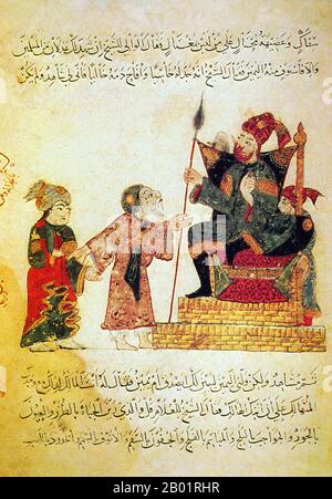 Irak : Abu Zayd conversant avec le gouverneur de Rahba au Yémen. Peinture miniature de Yahya ibn Mahmud al-Wasiti, 1237 EC. Yahyâ ibn Mahmûd al-Wâsitî est un artiste arabo-islamique du 13e siècle. Al-Wasiti est né à Wasit dans le sud de l'Irak. Il est connu pour ses illustrations du Maqam d'al-Hariri. Les Maqāma (littéralement « assemblées ») sont un genre littéraire arabe (à l'origine) de prose rimée avec des intervalles de poésie dans lesquels l'extravagance rhétorique est évidente. L'auteur du 10e siècle Badī' al-Zaman al-Hamadhāni aurait inventé la forme, qui a été étendue par al-Hariri de Bassorah. Banque D'Images