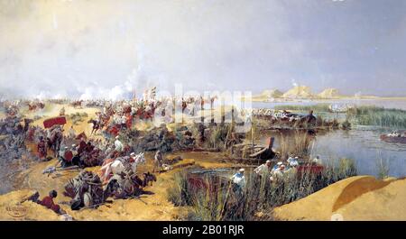 Ouzbékistan : les forces russes traversent le fleuve Amou Daria, campagne de Khiva, 1873. Huile sur toile de Nikolay Karazin (1842-1908), 1889. Dès que la conquête russe du Caucase a été achevée à la fin des années 1850, le ministère russe de la Guerre a commencé à envoyer des forces militaires contre les khanats d'Asie centrale. Trois grands centres de population des khanats - Tachkent, Boukhara et Samarkand - ont été capturés en 1865, 1867 et 1868, respectivement. En 1868, le Khanat de Boukhara signe un traité avec la Russie faisant de Boukhara un protectorat russe, tandis que Khiva devient un protectorat russe en 1873. Banque D'Images