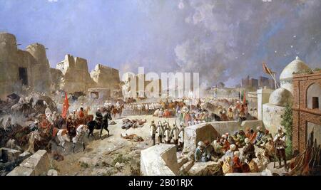 Ouzbékistan : les troupes russes prennent Samarkand, 8 juin 1868. Huile sur toile de Nikolay Karazin (1842-1908), 1888. Dès que la conquête russe du Caucase a été achevée à la fin des années 1850, le ministère russe de la Guerre a commencé à envoyer des forces militaires contre les khanats d'Asie centrale. Trois grands centres de population des khanats - Tachkent, Boukhara et Samarkand - ont été capturés en 1865, 1867 et 1868, respectivement. En 1868, le Khanat de Boukhara signe un traité avec la Russie faisant de Boukhara un protectorat russe, tandis que Khiva devient un protectorat russe en 1873. Banque D'Images