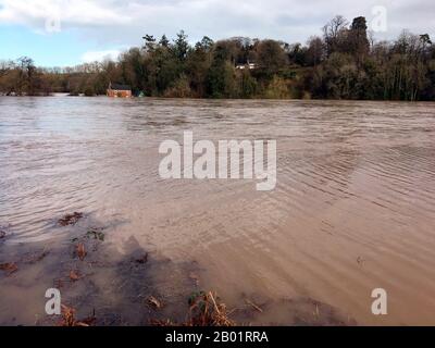 Rivière inondée pré Wye à Hay sur Wye la rivière atteint son niveau le plus élevé de 5,05 mètres enregistré sur la jauge de hauteur de la rivière locale Banque D'Images