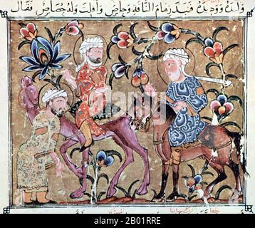 Irak : Abu Zayd récupère son chameau volé. Miniature du 'Maqam' ou 'Assemblée' d'Al-Hariri de Bassorah, 1335. Les Maqāma (littéralement « assemblées ») sont un genre littéraire arabe (à l'origine) de prose rimée avec des intervalles de poésie dans lesquels l'extravagance rhétorique est évidente. L'auteur du 10e siècle Badī' al-Zaman al-Hamadhāni aurait inventé la forme, qui a été étendue par al-Hariri de Bassorah au siècle suivant. Les maqāmāt des deux auteurs se concentrent sur des figures de trickster dont les errances et les exploits en parlant aux assemblées des puissants sont véhiculés par un narrateur. Banque D'Images