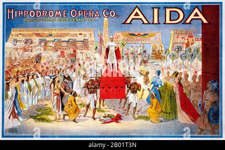 États-Unis/Égypte : affiche pour 'Aida' de Giuseppe Verdi, interprétée par l'Hippodrome Opera Company de Cleveland, Ohio, 1908. Aida, parfois orthographié Aïda, est un opéra en quatre actes de Giuseppe Verdi sur un livret italien d'Antonio Ghislanzoni, basé sur un scénario écrit par l'égyptologue français Auguste Mariette. Aida a été créée à l'Opéra Khedivial du Caire le 24 décembre 1871, sous la direction de Giovanni Bottesini. Banque D'Images