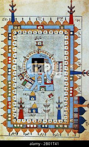 Arabie Saoudite/Iran/Perse : une carte ou un diagramme montrant la Ka'ba ou Kaaba au cœur du Masjid al-Haram à la Mecque. D'après 'Futuh al-Haramayn' (Triomphe des lieux Saints) de Muhyi al-DIN Abd al-Rahman al-Lari al-Ansari, c. 1527. La Kaaba ou Qaaba (le Cube) est un bâtiment en forme de parallélépipède à la Mecque, en Arabie saoudite, et est le site le plus sacré de l'Islam. Le Coran affirme que la Ka'ba a été construite par Abraham (Ibrahim en arabe) et son fils Ismaël (Ismail en arabe), après que ce dernier s'est installé en Arabie. Le bâtiment a une mosquée construite autour de lui, la Masjid al-Haram. Banque D'Images