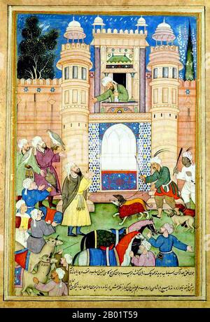 Inde : un noble offrant des cadeaux au calife. Peinture miniature de l'Akbar i-Barmayakan, c. 1595-1600. La peinture moghole est un style particulier de la peinture sud-asiatique, généralement confinée aux miniatures soit comme illustrations de livres, soit comme œuvres uniques à conserver dans des albums, qui a émergé de la peinture miniature persane, avec des influences indiennes hindoues, jaïnes et bouddhistes, et développé en grande partie dans la cour de l'Empire moghol (16e-19e siècles), et plus tard étendu à d'autres tribunaux indiens, musulmans et hindous, et plus tard sikh. Banque D'Images